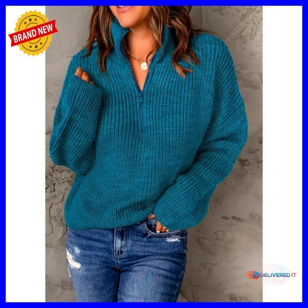 Long Sleeve 1/4 Zip Pullover Sweater V Neck Chic Casual Stretchy Knit Top